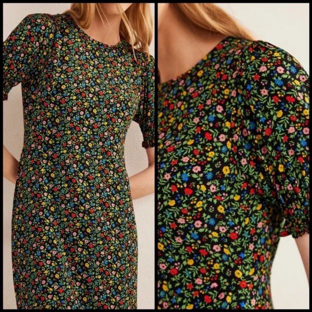 Boden Short Sleeve Midi Dress Black, Petal Foliage